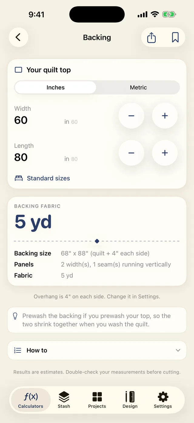 The Sashing backing calculator showing yardage and the formula it used