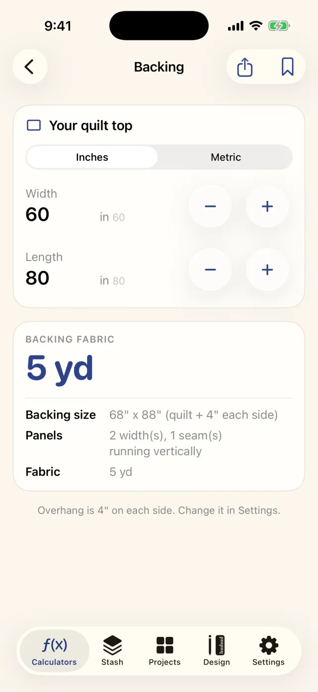 The Sashing backing calculator showing yardage and the formula it used