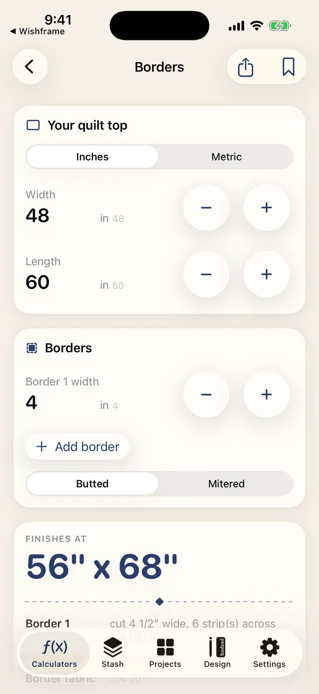 The borders calculator with a live cut list