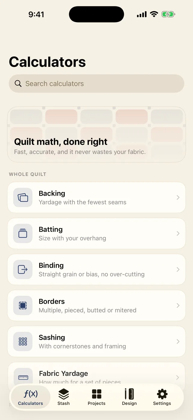 The Sashing calculators catalog on iPhone