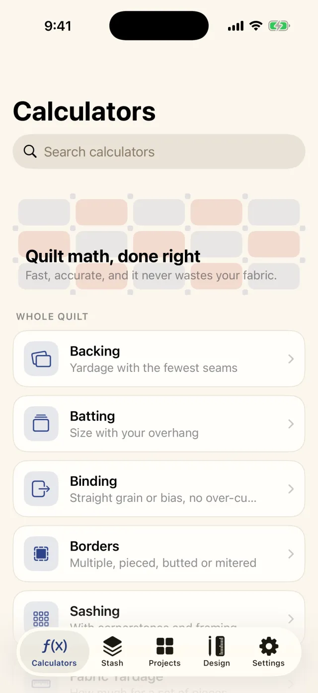 The Sashing calculators catalog on iPhone