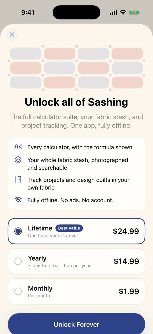 The Sashing premium screen showing the free core, subscription, and one-time Lifetime unlock