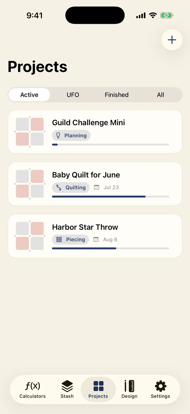The projects screen tracking quilts in progress