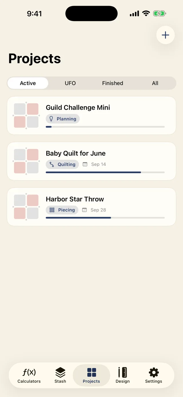 The projects screen tracking quilts in progress