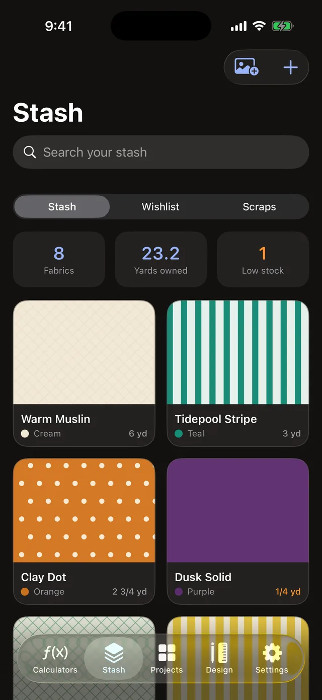 The fabric stash screen in dark mode